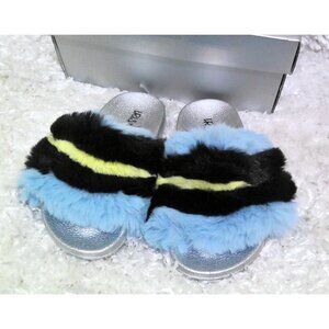 Iris C  yellow, black and black Faux fur slide sandals